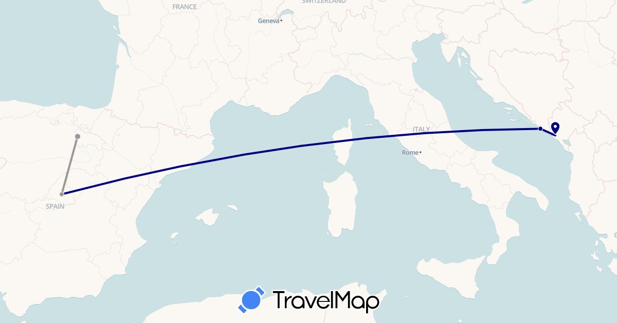 TravelMap itinerary: driving, plane in Spain, Croatia, Montenegro (Europe)